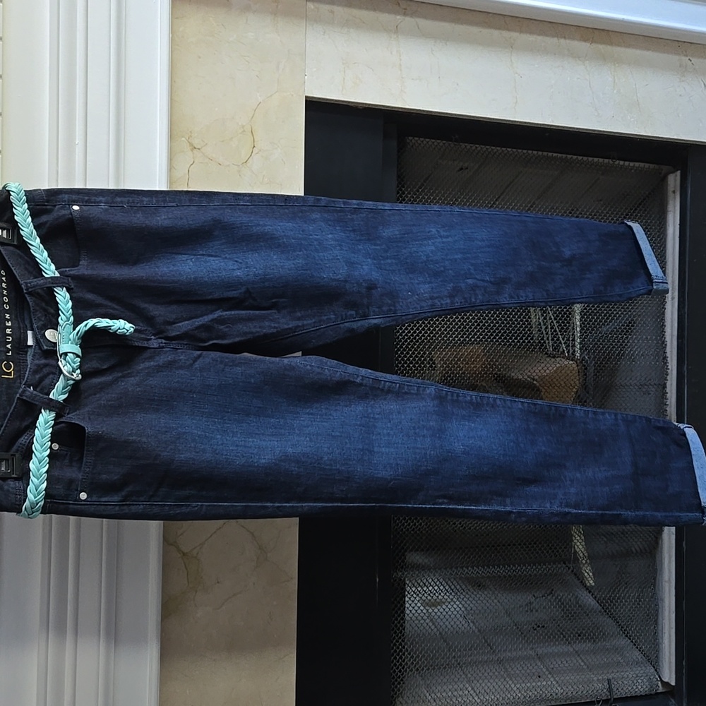 LC Lauren Conrad Women's Dark Blue Cropped Jeans with Teal Belt